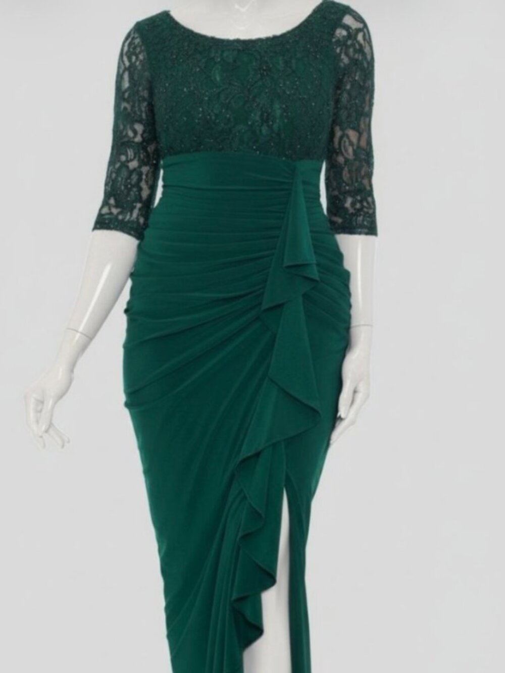 Betsy & Adam Green Lace Bodice Ruched Cascade Ruffle Formal Evening Gown 10